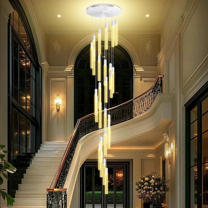 12FT High Ceiling LED Crystal Chandelier 26-Lights Modern Dimmable Pendant Lighting for Entryway Living Room Dining Room Staircase Foyer Long Hanging Polished Chrome Glam