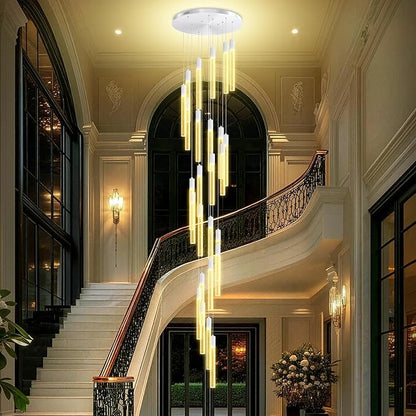12FT High Ceiling LED Crystal Chandelier 26-Lights Modern Dimmable Pendant Lighting for Entryway Living Room Dining Room Staircase Foyer Long Hanging Polished Chrome Glam