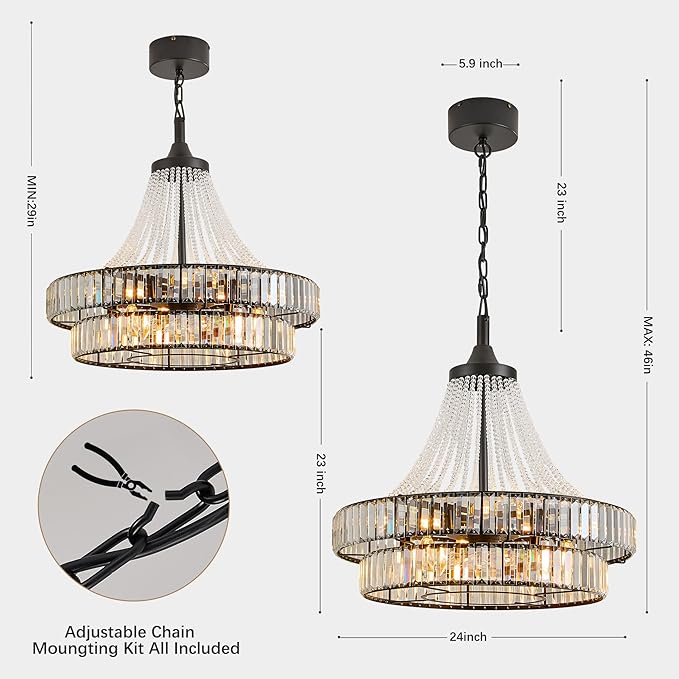 24" Modern Crystal Caged Fandelier, Smart Chandelier Fan with Remote and APP Control, Double Layer Ceiling Fan with Light for Dining Living Room Bedroom, Italian Design-Black