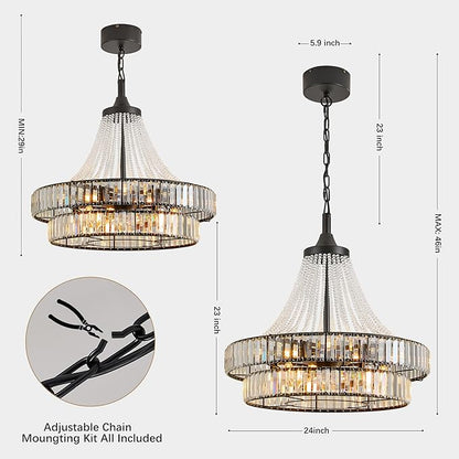 24" Modern Crystal Caged Fandelier, Smart Chandelier Fan with Remote and APP Control, Double Layer Ceiling Fan with Light for Dining Living Room Bedroom, Italian Design-Black