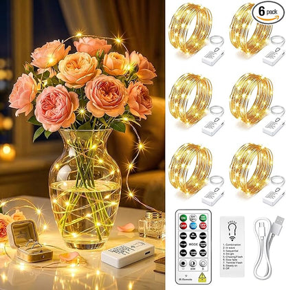 HXWEIYE 6 Pack Rechargeable Fairy Lights Battery Operated with Remote & DIY Timer, 7ft 20LED Mini Twinkle String Light for Mason Jar DIY Wedding Table Centerpieces Party Bedroom Christmas (Warm White)