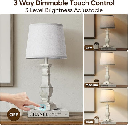 ROTTOGOON Dimmable Table Lamps Set of 2, Rustic Farmhouse Table Lamps for Living Room Bedroom, Bedside Desk Lamps for End Tables, Touch Lamps for Nightstand, 9W Bulbs Included, 22", Antique White