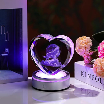 Qianwei Wolf Gifts for Women 3D Crystal Heart - Laser Moon Decor Glass Animals Wolf Gifts Figurines Statue Stuff for Room Decorations Moon Night Light