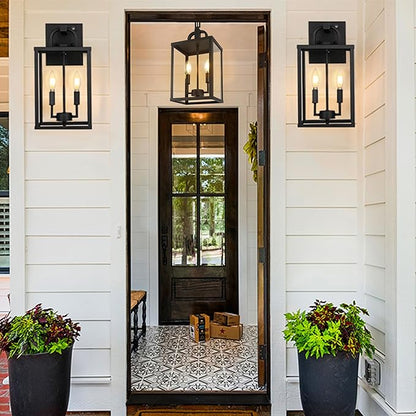 Large Outdoor Indoor Pendant Light 2-Light, Modern Black Metal Outside Chandelier Exterior Hanging Fixture Ceiling Mount with Clear Glass Shade for Front Porch Entrance Foyer Entryway (Bulb Included)