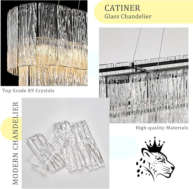 CATINER Black Rectangle Chandeliers for Dining Room Modern Crystal Glass Island Light 6-Light Chandelier Luxury Rectangular Linear Hanging Pendant Light Fixture for Kitchen L35.5”