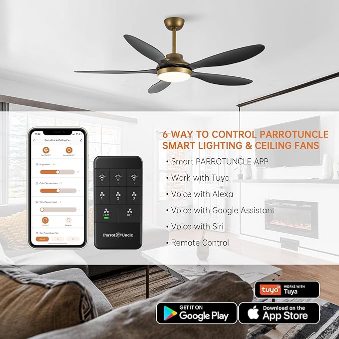52" Smart Ceiling Fan with Light and Remote, Gold Modern Ceiling Fan with Black ABS Blades, Reversible DC Motor, 6-Speed LED Fan with 3-Color Temperature Lighting, Downrod Mount