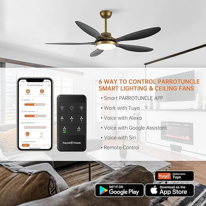 52" Smart Ceiling Fan with Light and Remote, Gold Modern Ceiling Fan with Black ABS Blades, Reversible DC Motor, 6-Speed LED Fan with 3-Color Temperature Lighting, Downrod Mount