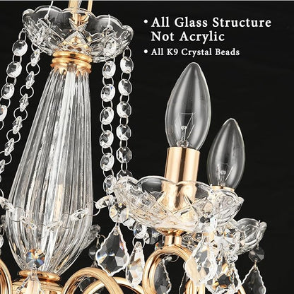 DIMMABLE Plug in Crystal Chandelier 5 Light (BULBS INCLUDED), Champaign Gold Hanging Pendant Light Fixture with 19.68ft Long Cord, K9 Crystal Ceiling for Dining Room, Living Room, Entryway, Kitchen