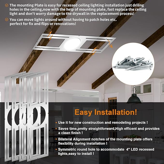 New Construction Mounting Plate, 4 Inch, LED Recessed Lighting Housing Kits, Flat Steel Rough in Bracket Fixture for LED Light Bar, 24PC Shallow Recessed Lighting Housing Plate