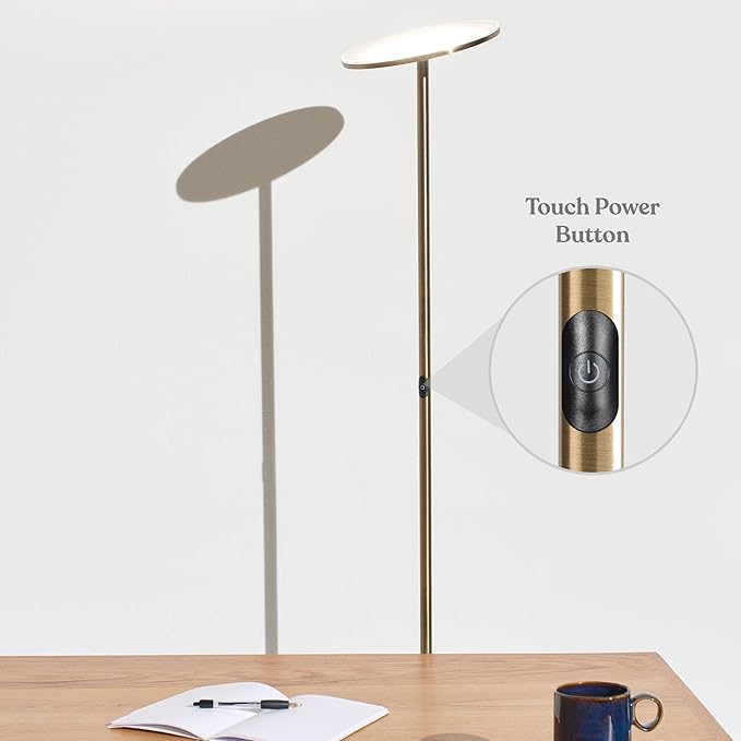 Brightech Sky LED Floor lamp, Torchiere Super Bright Floor Lamp for Living Room Decor & Office - Dimmable, Tall Standing Torch Lamp with Warm Light for Bedroom & Reading - Gold Brass