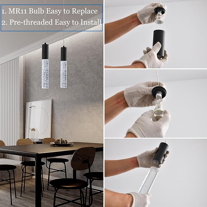 3-Pack Modern Crystal Pendant Light for Kitchen Island, Elegant Black LED Bubble Hanging Chandelier Lighting Fixture for Dining Room Bedside