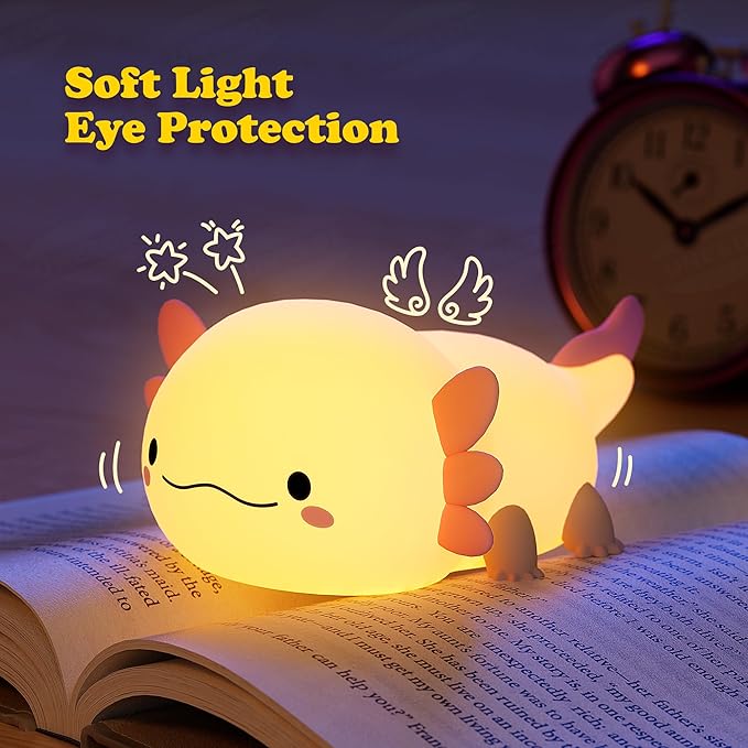 UNEEDE Axolotl Night Light for Kids with Axolotl Keychain,Animal Silicone Nursery Night Lamp, Rechargeable Table Lamp Bedside Lamp,Cute Room Decor Night Light for Bedroom,Desk Decorations,Gift