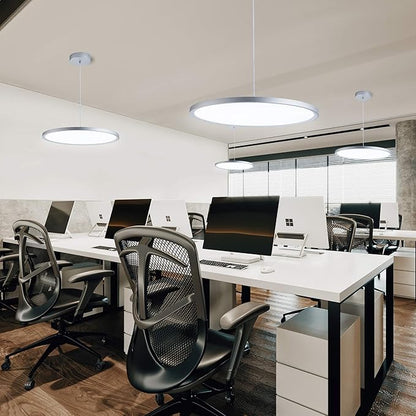 MADEM Modern LED Pendant Light 23.6'' Disc Chandelier Hanging Lighting Fixture with Acrylic Shape Dimmable Contemporary Chandelier 6000K for Office Dining Room Meeting Room Kitchen Island, Silver