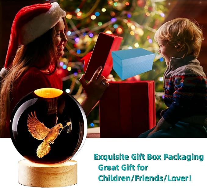 3.15 inch Pigeon Crystal Ball lamp,3D Bird Crystal Ball Night Light with Wooden Base, Peace Dove Lamp, 16 Colors Change with Remote Control (Panda)