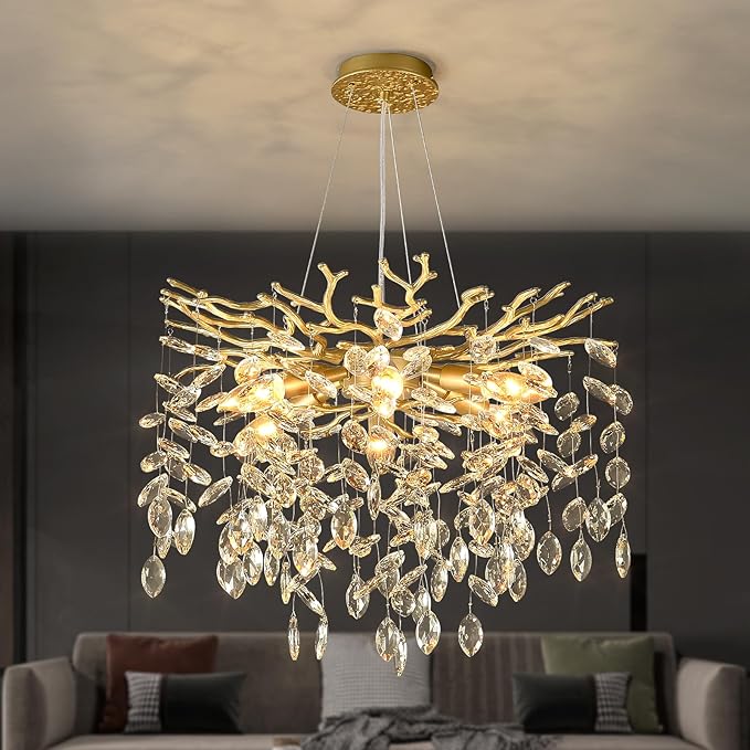 EGM Gold Tree Branch Crystal Chandelier 18-Inch, Crystal Chandelier for Dining Room 6-Light, Hanging Round Raindrop Chandeliers for Living Room E12