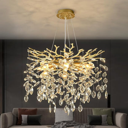 EGM Gold Tree Branch Crystal Chandelier 18-Inch, Crystal Chandelier for Dining Room 6-Light, Hanging Round Raindrop Chandeliers for Living Room E12