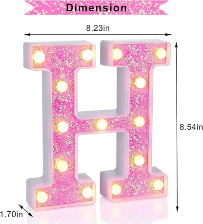 Foaky Pink Light up Letters，Pink Party Decorations,Girls Room Decor,Glitter Light Up Letters,Alphabet Letter Sign for Night Light Birthday Party Girls Gifts, Home Bar Decoration（H）