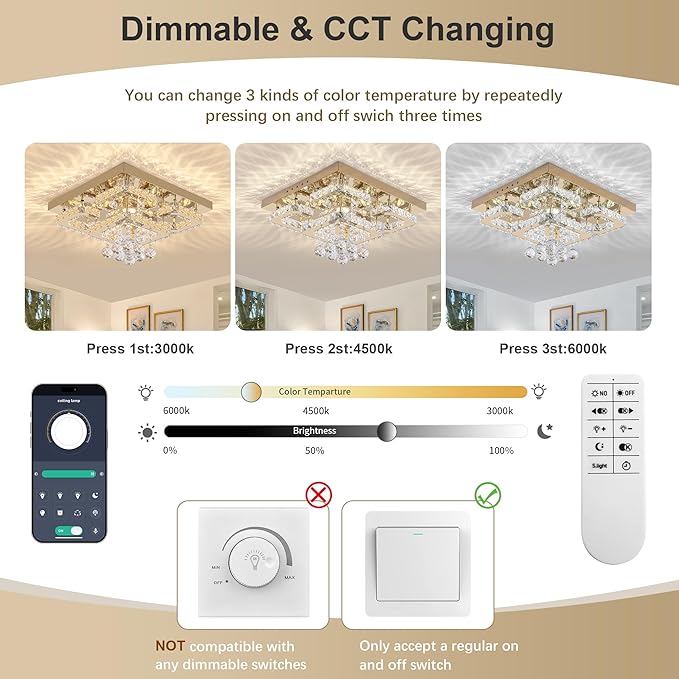18 inch Flush Mount Chandelier Crystal Ceiling Light with Remote Control/APP, 3CCT Dimmable&Brightness Adjustable, Modern Crystal Raindrop Gold Chandeliers for Bedroom Hallway Dinning Room Living Room