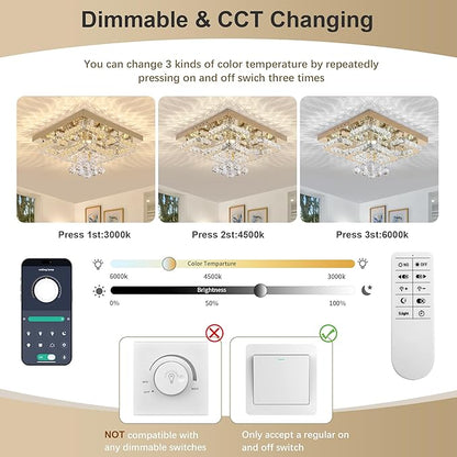 18 inch Flush Mount Chandelier Crystal Ceiling Light with Remote Control/APP, 3CCT Dimmable&Brightness Adjustable, Modern Crystal Raindrop Gold Chandeliers for Bedroom Hallway Dinning Room Living Room