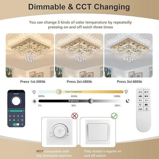 18 inch Flush Mount Chandelier Crystal Ceiling Light with Remote Control/APP, 3CCT Dimmable&Brightness Adjustable, Modern Crystal Raindrop Gold Chandeliers for Bedroom Hallway Dinning Room Living Room