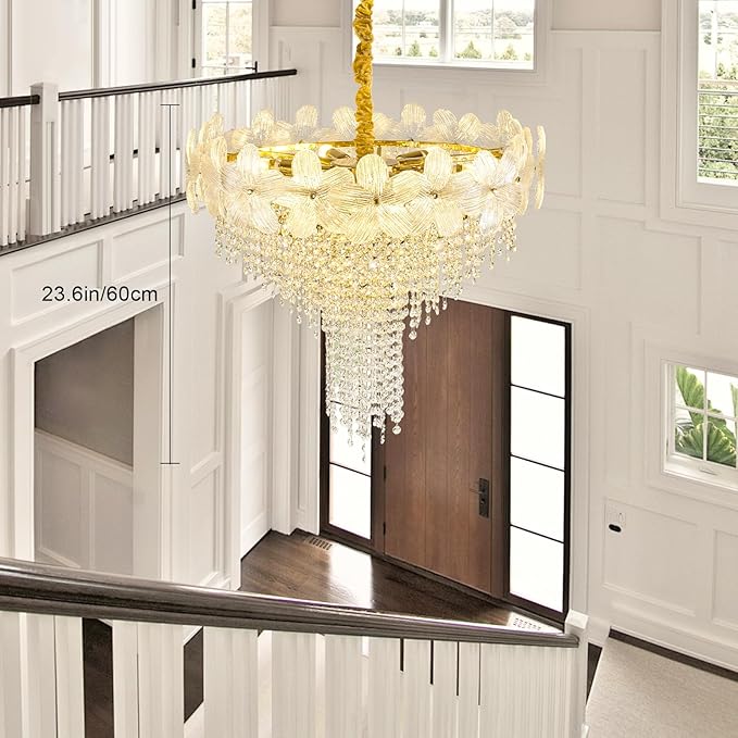 Gold Crystal Chandelier, 23.6" Luxury Flower Round Contemporary Chandeliers, 9-Light Adjustable Height Ceiling Fixture Elegant Modern Chandelier for Dining Room, Living Room, Staircase
