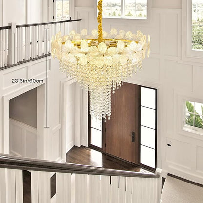 Gold Crystal Chandelier, 23.6" Luxury Flower Round Contemporary Chandeliers, 9-Light Adjustable Height Ceiling Fixture Elegant Modern Chandelier for Dining Room, Living Room, Staircase