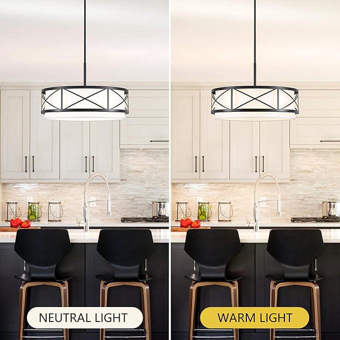 19.7'' Modern Drum Chandelier, 5-Light Round Chandeliers for Dining Room Farmhouse Pendant Light with White Fabric Shade for Kitchen Living Room Entryway Bedroom (Black)