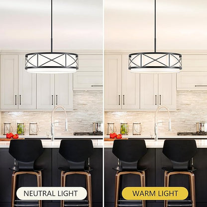 19.7'' Modern Drum Chandelier, 5-Light Round Chandeliers for Dining Room Farmhouse Pendant Light with White Fabric Shade for Kitchen Living Room Entryway Bedroom (Black)