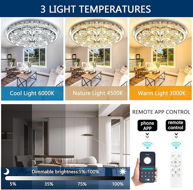 40'' Modern Chandeliers for Living Room Crystal Large Chandelier Ceiling Light Fixture LED Dimmable with Remote Pendant Lighting Flush Mount Lighting for Dining Room Bedroom Silver