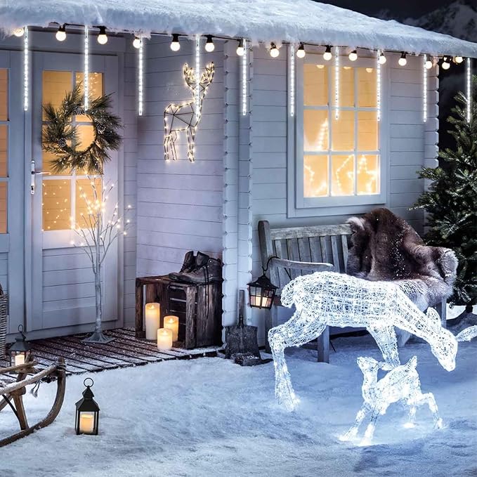 JMEXSUSS 2 Pack Solar Christmas Meteor Shower Lights, 16 Tube 288 LED White Solar Christmas String Lights Outdoor Waterproof for Tree Patio Garden Wedding Party Decorations