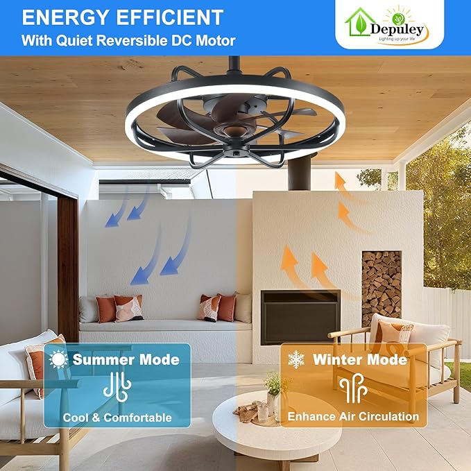 Depuley 20" Outdoor Ceiling Fan with Lights, Walnut and Black Waterproof Gazebo Hanging Fan with Remote App Control, Dimmable Plug in Caged Outdoor Ceiling Fans for patios Porch 6-Speeds