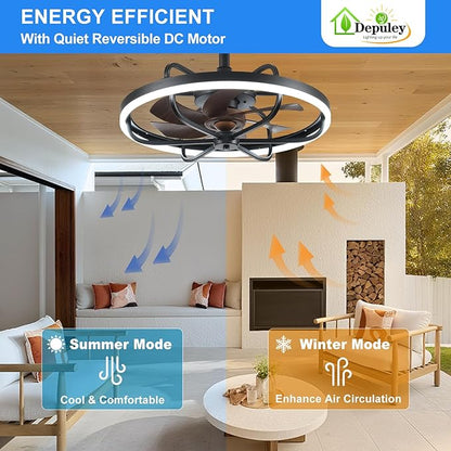 Depuley 20" Outdoor Ceiling Fan with Lights, Walnut and Black Waterproof Gazebo Hanging Fan with Remote App Control, Dimmable Plug in Caged Outdoor Ceiling Fans for patios Porch 6-Speeds