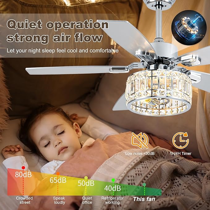 Chandelier Ceiling Fans with Lights and Remote,Caged Ceiling Fan with Light,App 5 Blades E26 Fandelier Ceiling Fans with Lights,Crystal Ceiling Fan for Bedroom,Living Room. (Nickel, 42 Inch)