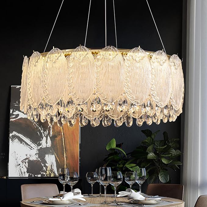 Drum Chandelier for Dining Room,24-ihch Modern Gold Drum Glass Chandeliers,Luxury Crystal Glass Pendant Ceiling Lighti for Foyer Living Room Bedroom