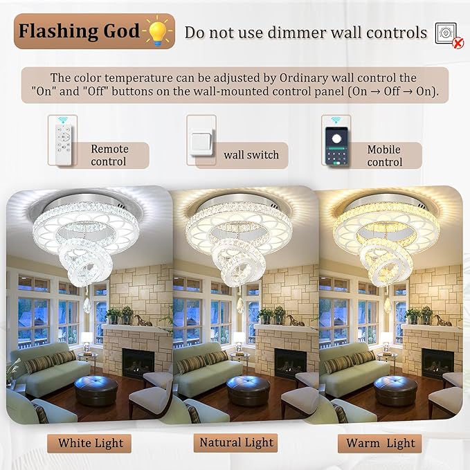 Flashing God Dia 20" Crystal Chandelier Crystal Silver Ceiling Light Fixtures LED Flush Mount Ceiling Light for Living Room Bedrooms Dining Room Dimmable 2700k 4500k 6000k