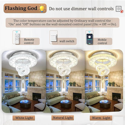 Flashing God Dia 20" Crystal Chandelier Crystal Silver Ceiling Light Fixtures LED Flush Mount Ceiling Light for Living Room Bedrooms Dining Room Dimmable 2700k 4500k 6000k