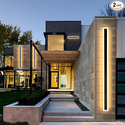 2Pack 23.6inch Long Outdoor Modern LED Wall Light,18W Waterproof IP65 Warm White 110V led Wall Mount Lighting Fixture Rectangular Black Wall Lights Elegant Frosted White Acrylic Anti Rust