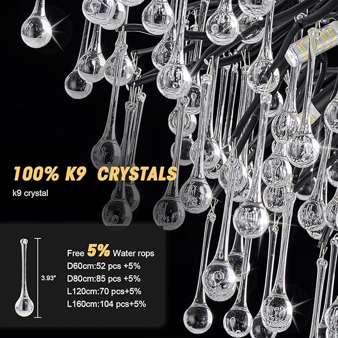 23.6in Black Crystal Chandelier, Modern Tree Branch Chandeliers for Dining Room, 8-Light Farmhouse Chandelier Light Fixture for Living Room,Kitchen Island Foyer