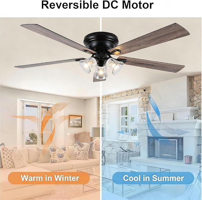 60" Vintage Ceiling Fan with Lights and Remote, Flush Mount Farmhouse Ceiling Fan 3-Lights Rustic Chandelier for Living Room Bedroom, Reversible Quiet DC Motor 6 Speeds