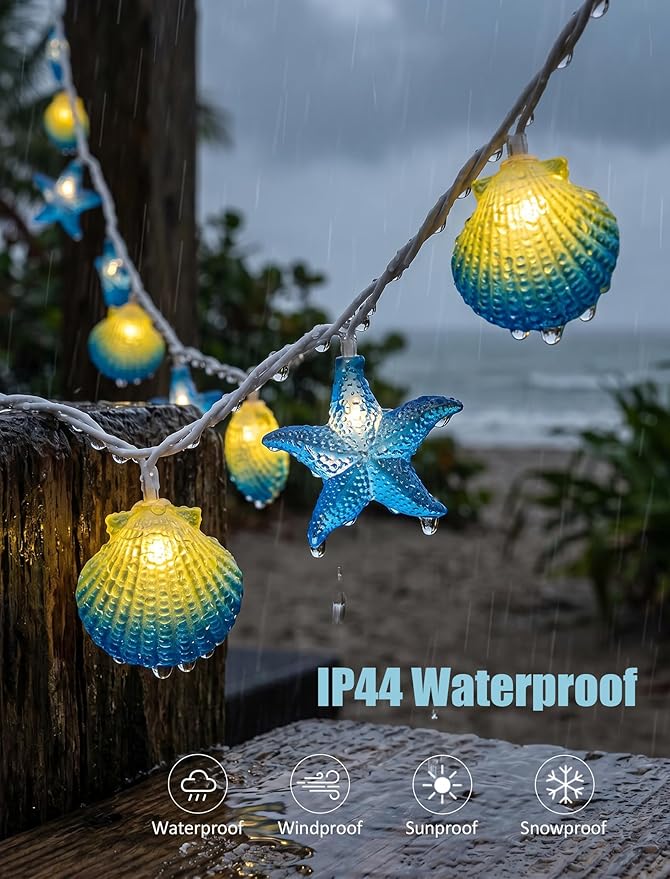 8.5Ft Beach Themed Seashell String Lights, 10L LED Ocean Starfish Seashell Lights Plug in for Boho Coastal Bedroom Seashell Party Nautical Party Holiday Decor, Indoor Outdoor