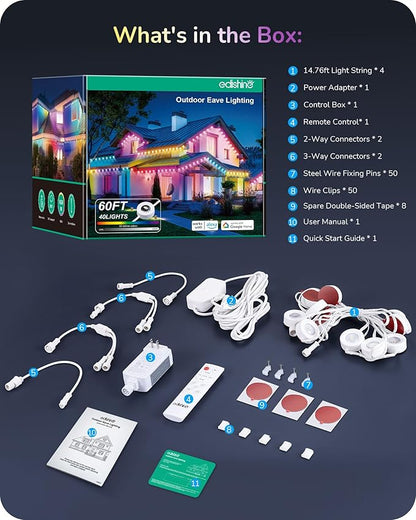 EDISHINE 60ft Permanent Outdoor Lights, 40 RGBW LED House Lights Outdoor with App/Remote Control, 50 Scene Modes for Daily and Accent Lighting, IP67 Waterproof Smart Outdoor Lights