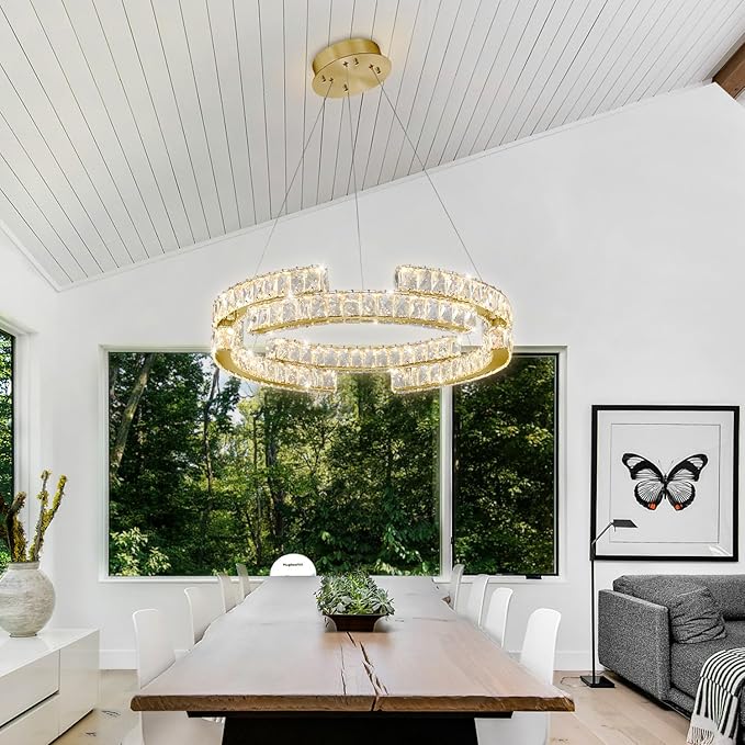16in Modern Gold Ring Chandelier for Living Room Dinning Room immable Led Crystal Pendant Light Dimmable 3000k-6000k