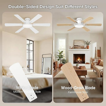 52 Inch Ceiling Fans with Lights, 6 Double Sided Blades, Ultra Quiet Reversible DC Motor, Remote & APP Control, 6 Speeds, 3CCT Dimmable LED with Memory Function, Flush Mount for Living Room, White