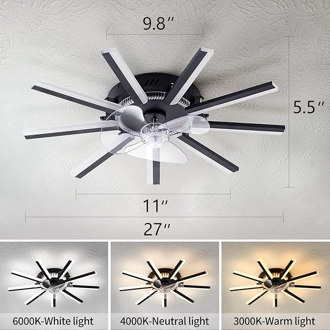 27" Black Straight Strip Ceiling Fan with Lights Remote Control, 3 Colors 6 Speeds Low Profile Ceiling Fan with Light for Kitchen Bedroom