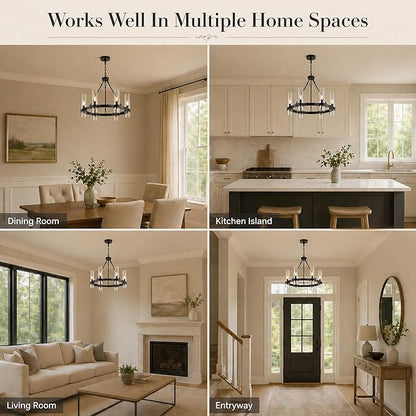 22 Inch Black Wagon Wheel Chandelier with Glass Shade, 6 Lights, Modern Farmhouse Style, Ideal for Dining Room, Kitchen, Entryways