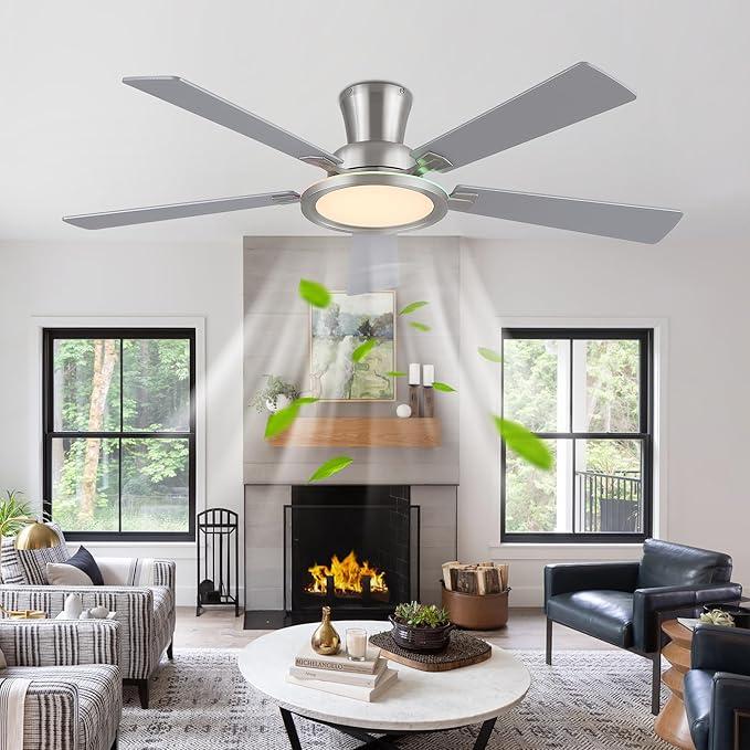 Ayaoty 52" Ceiling Fans with Lights - Flush Mount Ceiling Fan with RGB Dimmable, 3CCT 6 Wind Speeds and Reversible Quiet Motor, Low Profile RGB Fan Light for Modern Indoor, Party - Nickel RGB