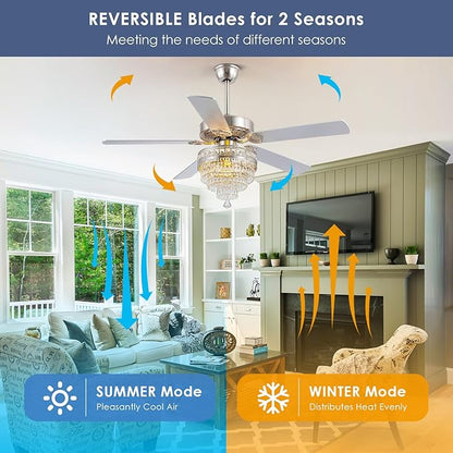 Asyko Crystal Ceiling Fan Fandelier with Lights and Remote Control，52" Modern Silver Chandelier Ceiling Fans with Reversible Blades, Silent Motor，Fandelier Ceiling Fan with Light Chrome