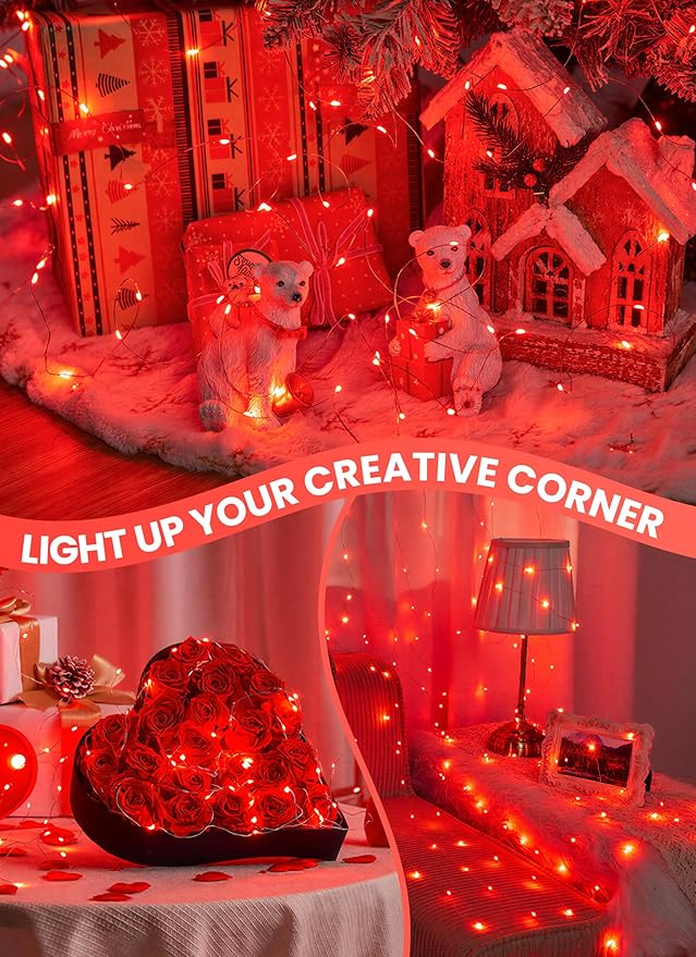 Minetom Fairy Lights with Remote, 66 Feet 200 Led Firefly String Lights Plug in for Bedroom Home Wall Ceiling Christmas Tree Wreath Craft Wedding Party Indoor Outdoor Decoration,Red