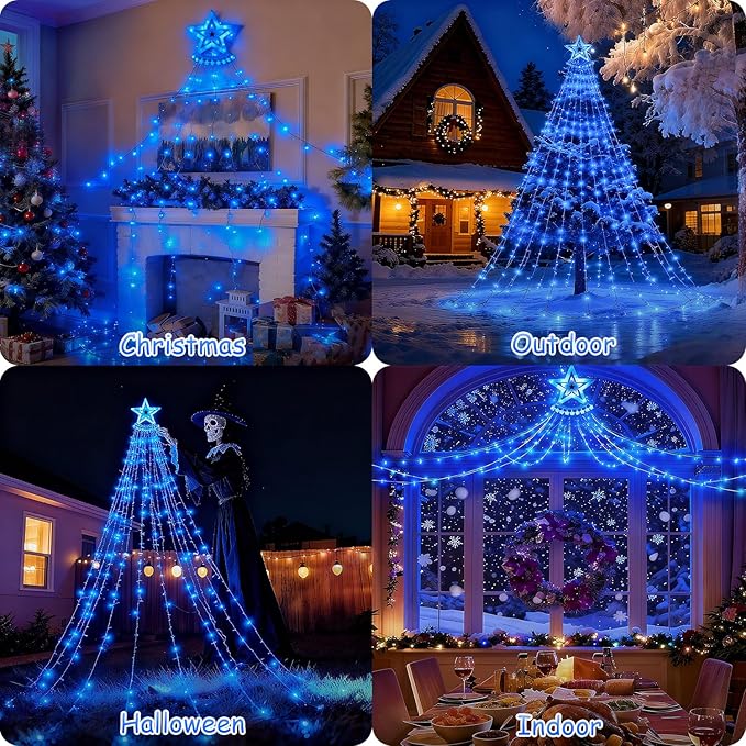 Star String Lights, 350 LED Tree Waterfall Fairy Lights, Outdoor Waterproof Christmas Decoration Lights with Remote, 16FT X 9 Hanging LED Lamp for Garden Yard Wedding Birthday Festival, Ocean Blue