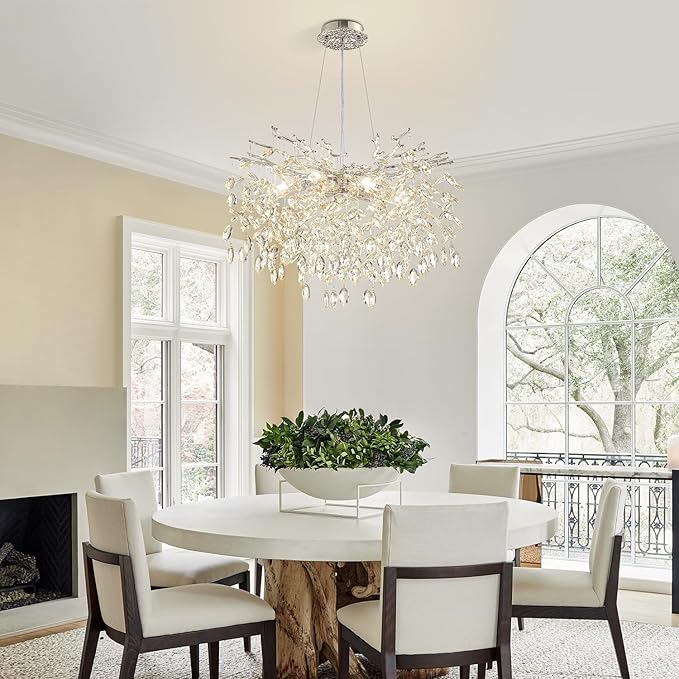 Modern Tree Branch Crystal Chandelier 23.6" Sliver Luxury Large Pendant Lighting 8-Light Contemporary K9 Crystal Chandeliers for Dining Room Kitchen Living Room Foyer Entryway (Sliver, D23.6"-Round)
